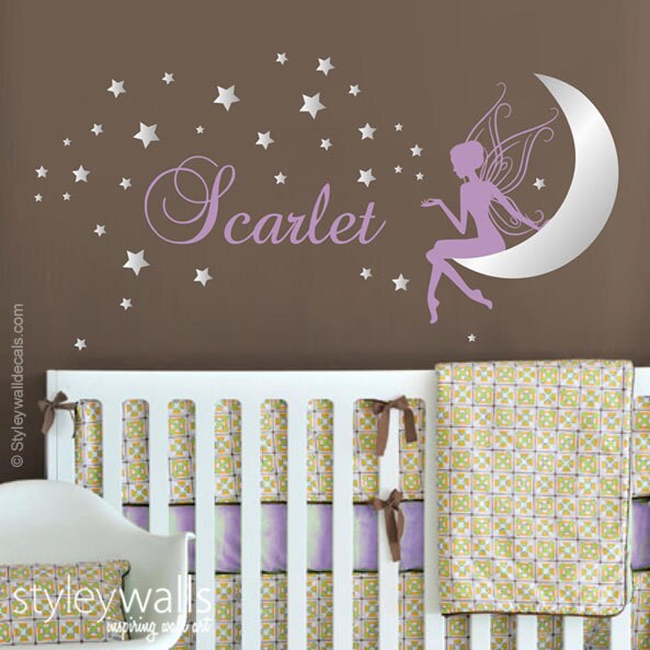 Fairy Wall Decal Baby Girl Room Nursery Sticker Personalized Name Wall Decor Stars Wall Decal Moon Wall Decal Fairy Wall Sticker