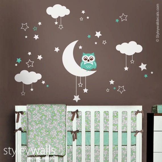Owl Wall Decal, Owl Moon Stars and Clouds Wall Decal, Moon and Stars Wall Decal, Owl Nursery Kids Wall Sticker, Clouds Night Wall Decal