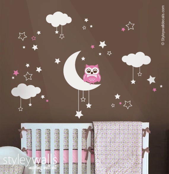 Owl Wall Decal, Owl Moon Stars and Clouds Wall Decal, Moon and Stars Wall Decal, Owl Nursery Kids Wall Sticker, Clouds Night Wall Decal