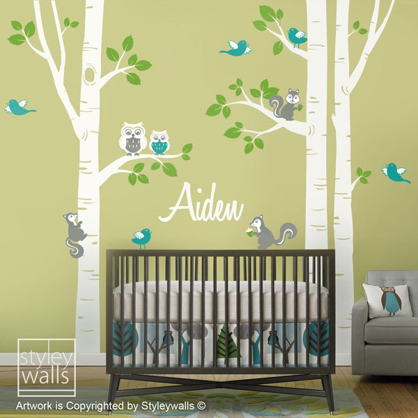 Birch Trees Nursery Wall Decal, Forest Animals and Birch Trees Wall Decal, Owsl Squirrels Birds Wall Sticker for Kids Baby Room Decor