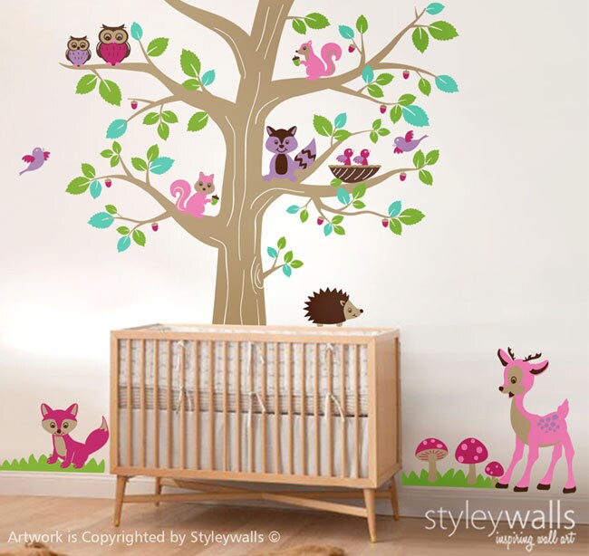 Woodland Animals and Tree Wall Decal, Forest Animals Tree Wall Decal, Deer Bambi Owls Hedgehog Squirrels Fox Wall Decal Nursery Baby Room