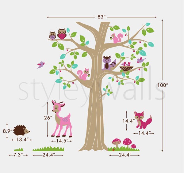 Woodland Animals and Tree Wall Decal, Forest Animals Tree Wall Decal, Deer Bambi Owls Hedgehog Squirrels Fox Wall Decal Nursery Baby Room