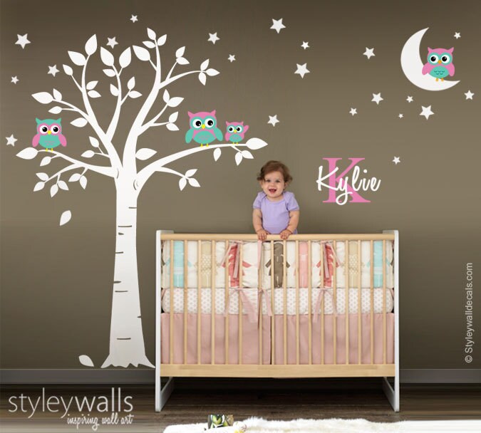 Owls Tree Wall Decal, Owls Wall Decal Moon and Stars, Owls Personalized Initial Name Wall Decal, Tree Decal, Moon Stars Owls Wall Sticker