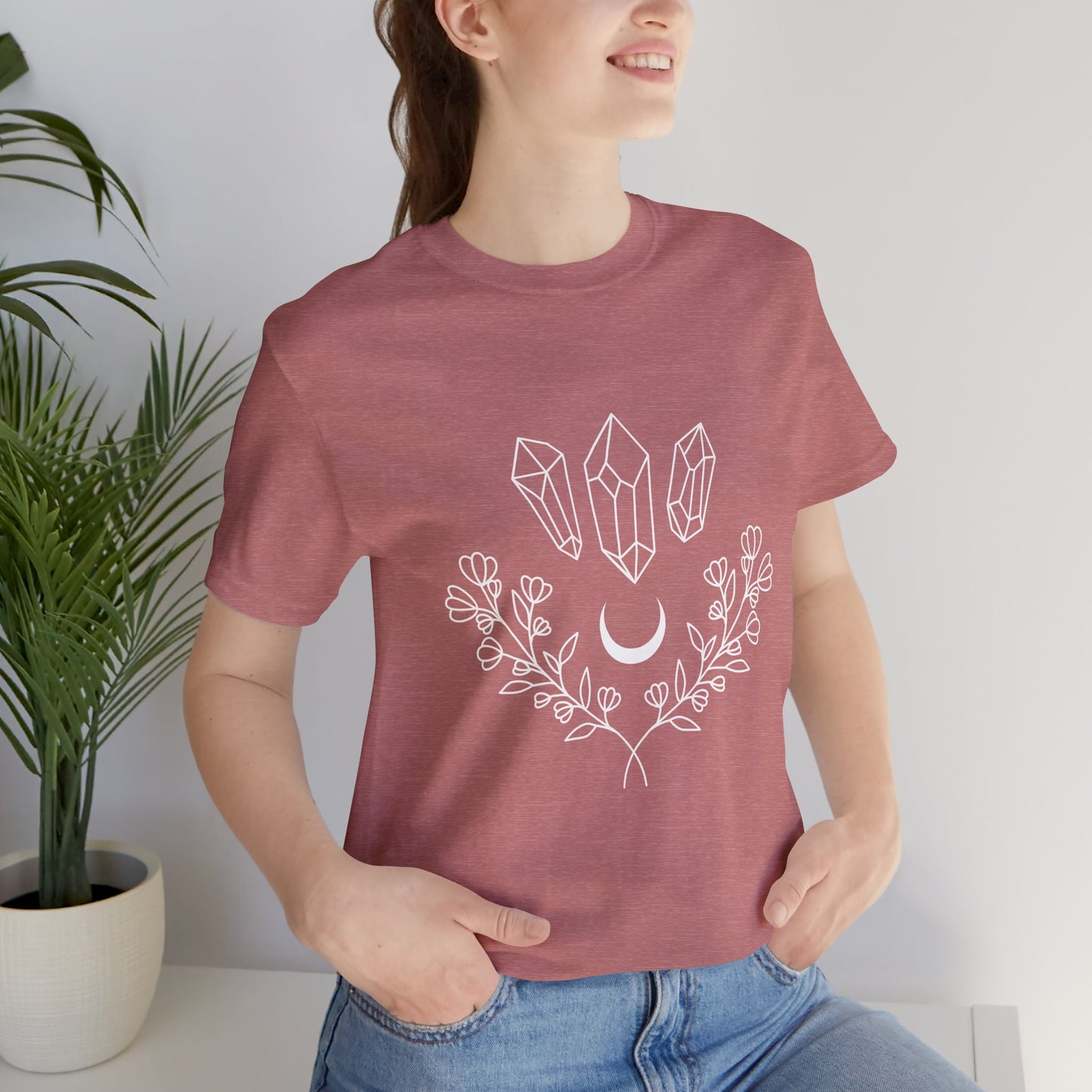Crystal Floral T-shirt, Mystical Shirt, Boho T-shirt, Inspirational T-shirt, Bohemian T-shirt, Moon and Stars T-Shirt, Gift for Her