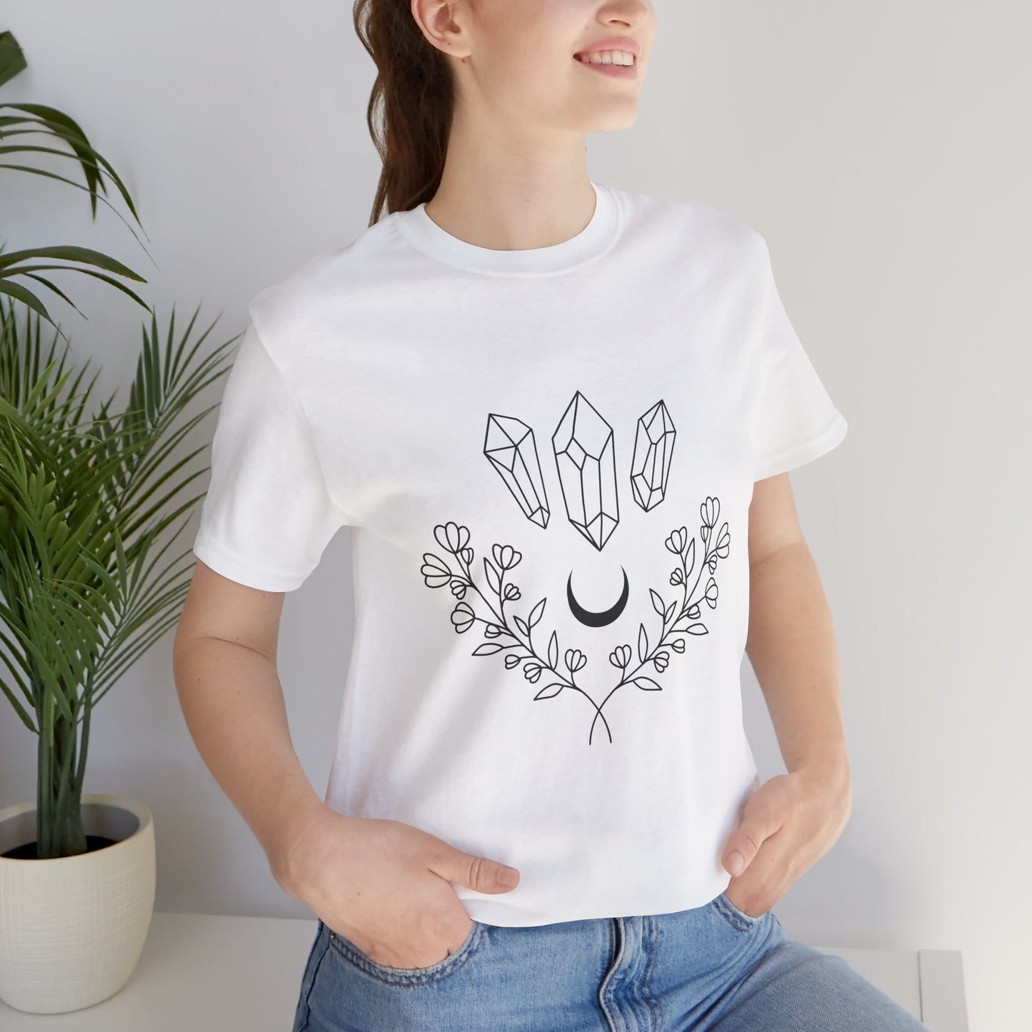 Crystal Floral T-shirt, Mystical Shirt, Boho T-shirt, Inspirational T-shirt, Bohemian T-shirt, Moon and Stars T-Shirt, Gift for Her