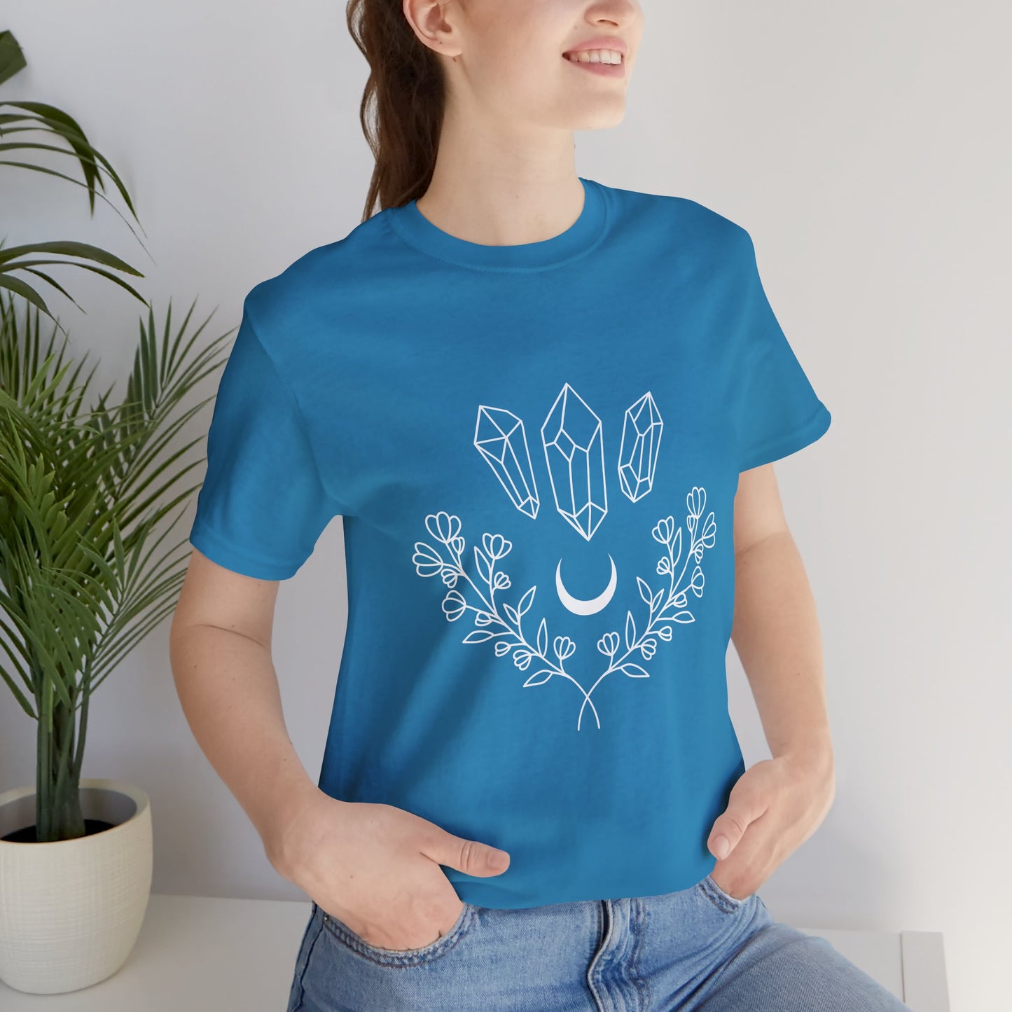 Crystal Floral T-shirt, Mystical Shirt, Boho T-shirt, Inspirational T-shirt, Bohemian T-shirt, Moon and Stars T-Shirt, Gift for Her