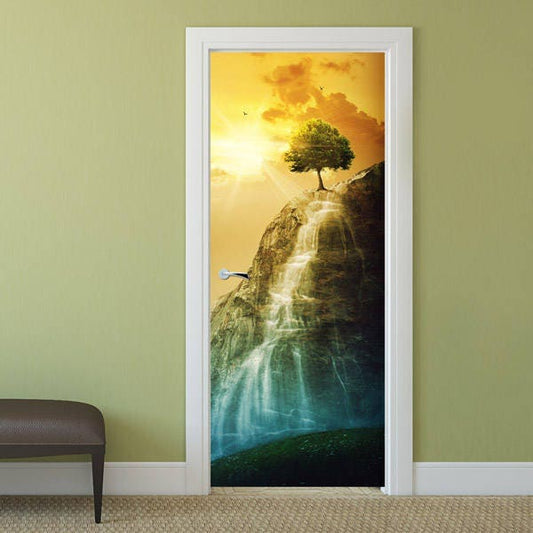 Mountain Wall Decal, Nature Wall Decal, Sunset Door Sticker, Tree Wallpaper, Door Covering, Wall Decor Mural, Bedroom Living Room Home Decor