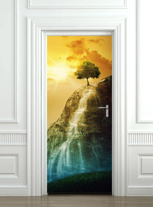 Mountain Wall Decal, Nature Wall Decal, Sunset Door Sticker, Tree Wallpaper, Door Covering, Wall Decor Mural, Bedroom Living Room Home Decor