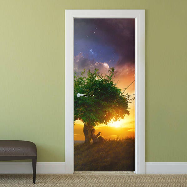 Tree at Sunset Wall Decal, Door Sticker, Door Wallpaper, Tree Wall Sticker, Door Mural, Living Room Bedroom Home Decor, Door Wall Mural