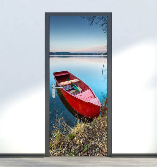 Rotes Boot auf einem See Wandaufkleber, Natur Wandaufkleber, Natur Tür Dekor, Natur Tür Wandbild, Türbezug, Tür Wrap Wohnzimmer Home Decor