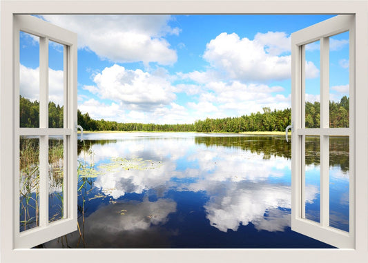 Lake Wall Decal, Lake and Forest Wall Sticker, Clouds 3d Window Wall Decal, Nature Window Frame, Window View Wall Mural Home Decor Sticker