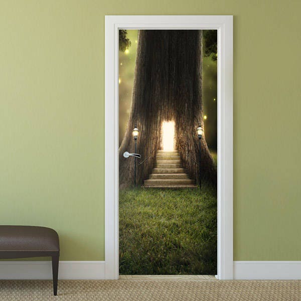 Baum im Wald Wandtattoa, Türaufkleber, Natur Türtapete, Leuchtender Licht Wandtatto, Tür Wandbild, Wohnzimmer Schlafzimmer Home Decor