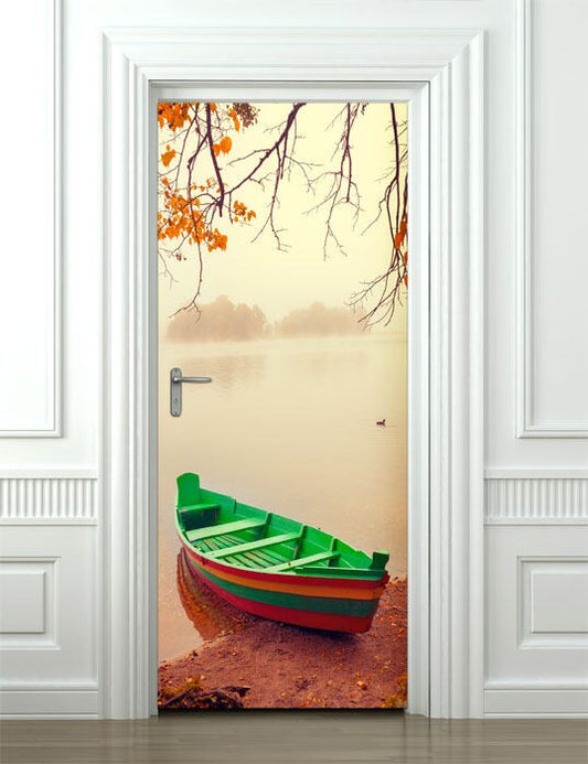 Wooden Boat Wall Sticker, Door Sticker, Lake View Door Sticker, Nature Wall Decal, Autumn Door Wallpaper Mural, Door Wrap, Fridge Door Decor