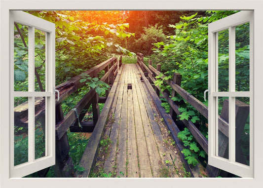 Wooden Bridge Jungle Wall Decal, 3d Window View Nature Wall Decal, Bridge Wall Sticker, Wall Mural, Window Frame Living Room Home Wall Decor
