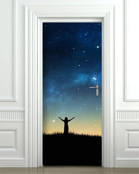 Autocollant mural pour porte avec étoiles du ciel la nuit, autocollant mural pour étoiles, autocollant pour porte du ciel, papier peint pour porte d'arbre, autocollant de décoration pour la maison, couverture de porte