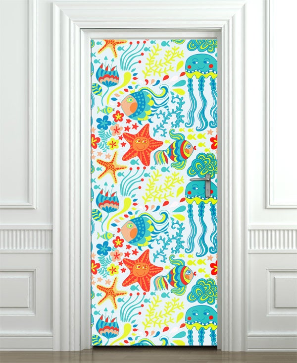 Autocollant mural poissons, autocollant poissons, autocollant mural sous-marin, autocollant océan, décoration de porte sous-marine, décoration murale de porte océan, revêtement de porte