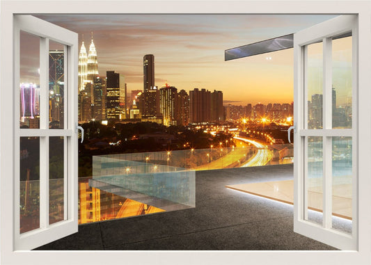 Modern City Wall Decal, Kuala Lumpur Night View Wall Decal, Modern City Mural, 3d Window Wall Decal,  City View Wall Sticker Decor