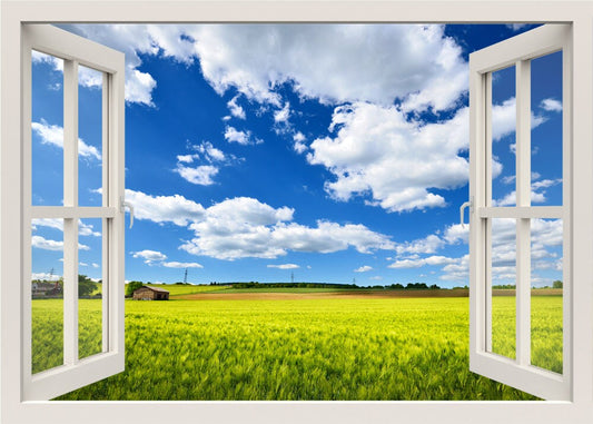 Field Wall Decal, Grass Wall Decal, 3d Window Wall Decal, Nature Wall Sticker, Yellow Field Wall Mural, Nature Window View Frame Wall Decal