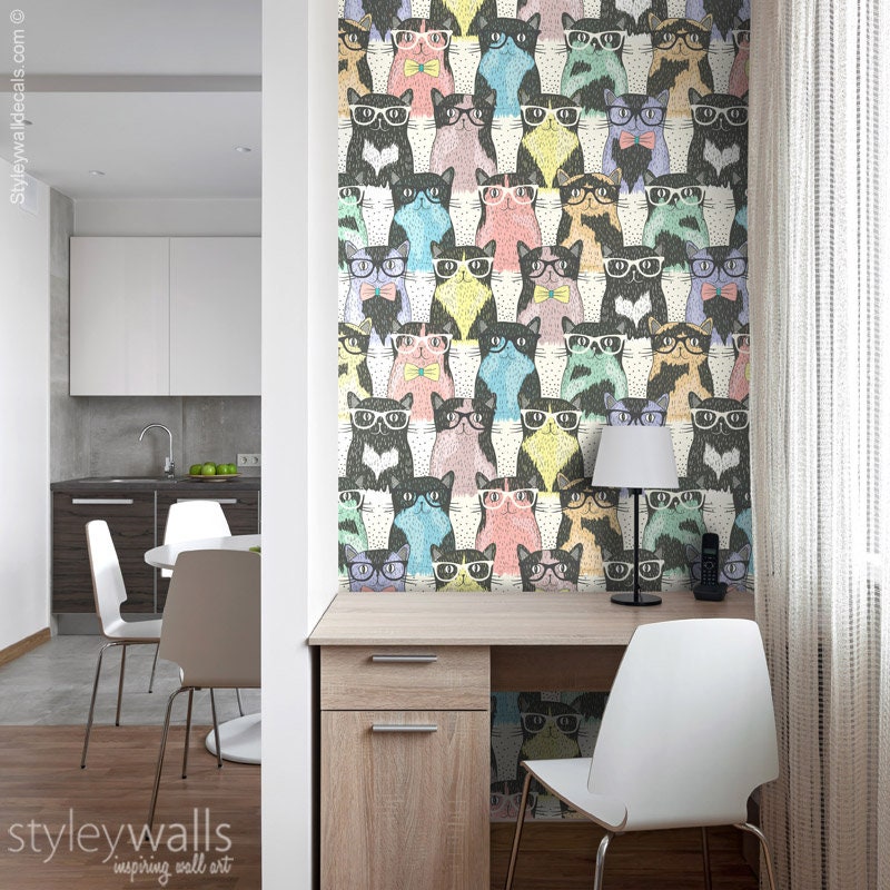 Cats Wallpaper, Kids Room Wallpaper, Repositionable Removable Fabric Wallpaper, Kids Room Decor, Peel and Stick, Self Adhesive