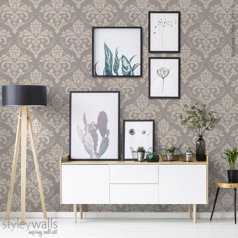 Damask Wallpaper, Gray Beige Classic Pattern Damask Wallpaper, Home Decor, Repositionable Removable Fabric, Peel and Stick, Self Adhesive