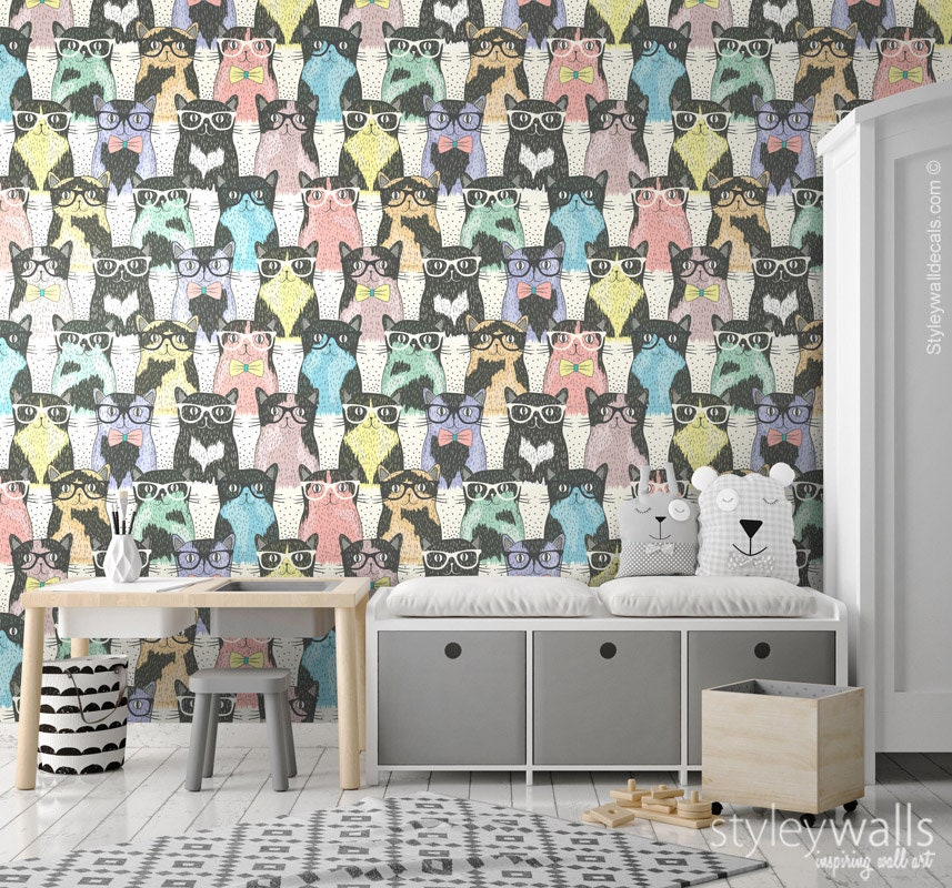 Cats Wallpaper, Kids Room Wallpaper, Repositionable Removable Fabric Wallpaper, Kids Room Decor, Peel and Stick, Self Adhesive