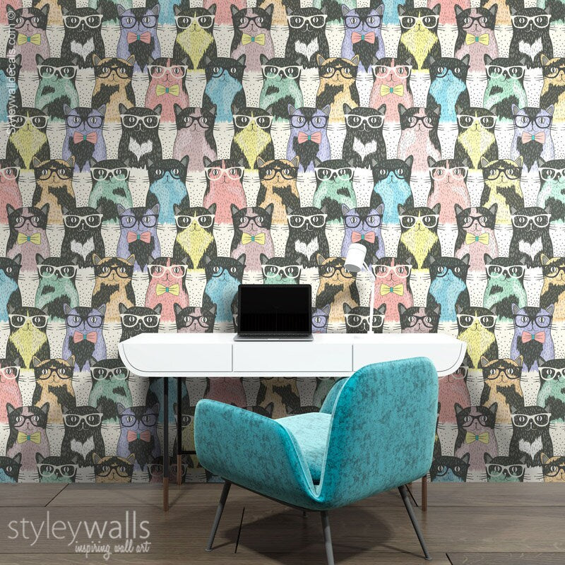 Cats Wallpaper, Kids Room Wallpaper, Repositionable Removable Fabric Wallpaper, Kids Room Decor, Peel and Stick, Self Adhesive