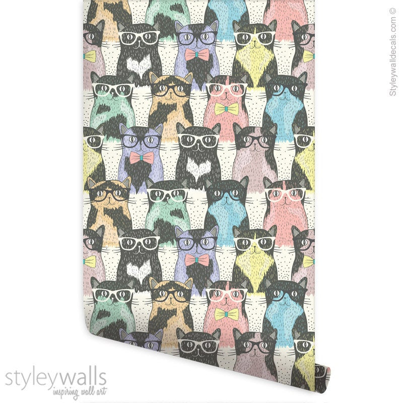 Cats Wallpaper, Kids Room Wallpaper, Repositionable Removable Fabric Wallpaper, Kids Room Decor, Peel and Stick, Self Adhesive