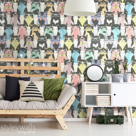 Cats Wallpaper, Kids Room Wallpaper, Repositionable Removable Fabric Wallpaper, Kids Room Decor, Peel and Stick, Self Adhesive