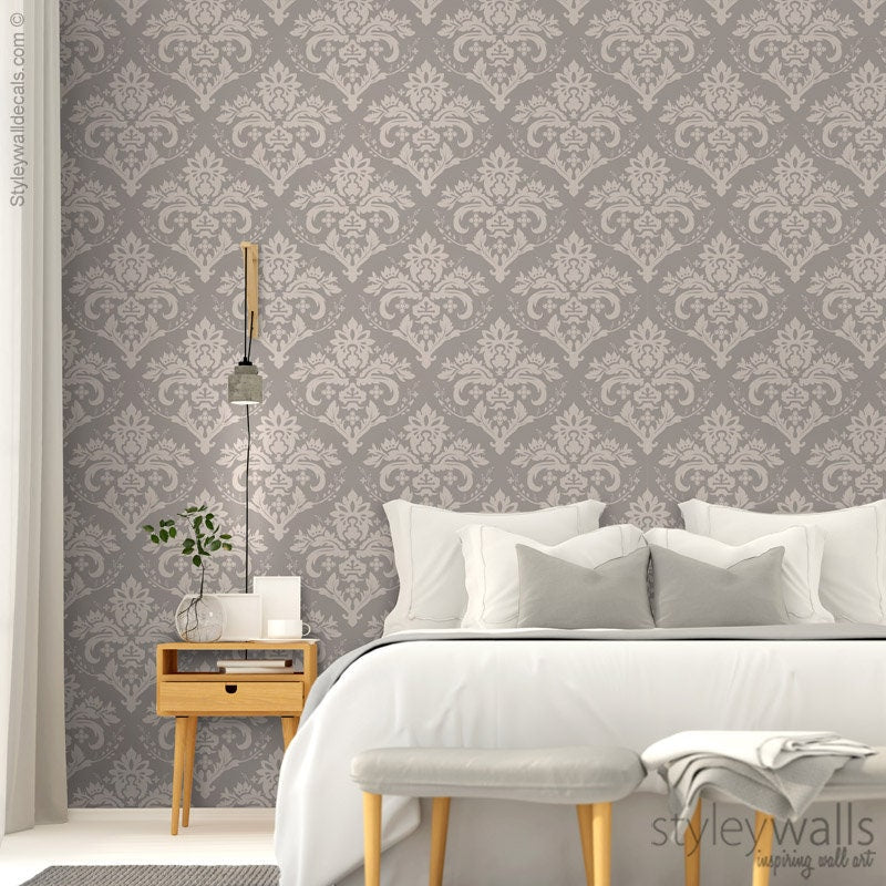 Damask Wallpaper, Gray Beige Classic Pattern Damask Wallpaper, Home Decor, Repositionable Removable Fabric, Peel and Stick, Self Adhesive