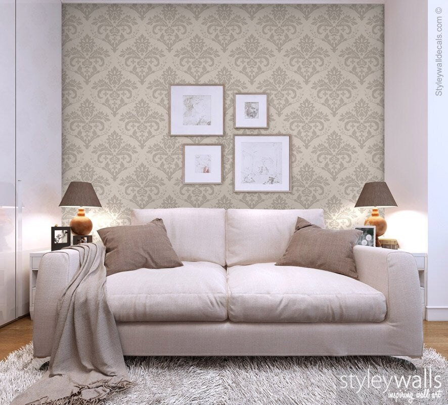 Damask Pattern Wallpaper, Gray Beige Brown Classic Damask Wallpaper, Home Decor, Repositionable Removable Fabric, Peel and Stick Wallpaper