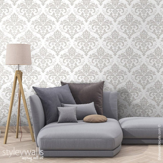 Damask Wallpaper, White Gray Beige Classic Damask Pattern Wallpaper, Self Adhesive and Repositionable Removable Fabric, Peel and Stick
