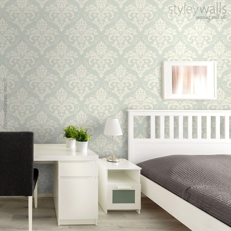 Damask Wallpaper, Pattern Wallpaper, Gray Beige Classic Damask Wallpaper, Self Adhesive and Repositionable Removable Fabric, Peel and Stick