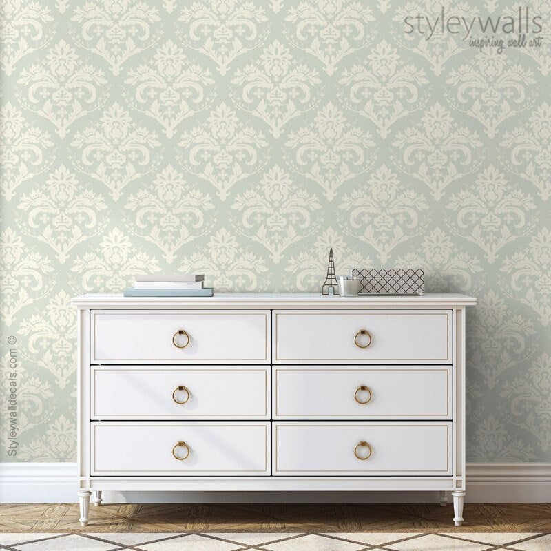 Damask Wallpaper, Pattern Wallpaper, Gray Beige Classic Damask Wallpaper, Self Adhesive and Repositionable Removable Fabric, Peel and Stick