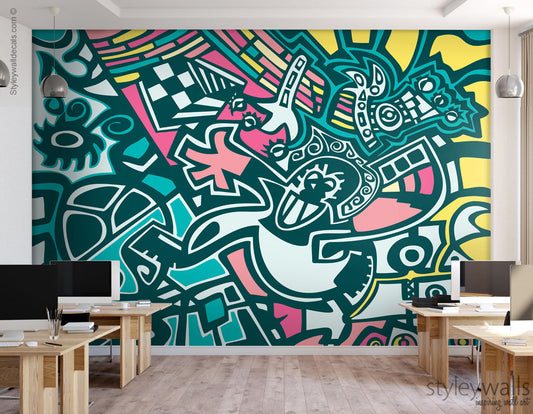 Graffiti Wandbild, Abstraktes Wandbild, Graffiti Tapete Wandbild, Graffiti Wandkunst, neu positionierbarer abnehmbarer Stoff, Raumdekor, Peel and Stick
