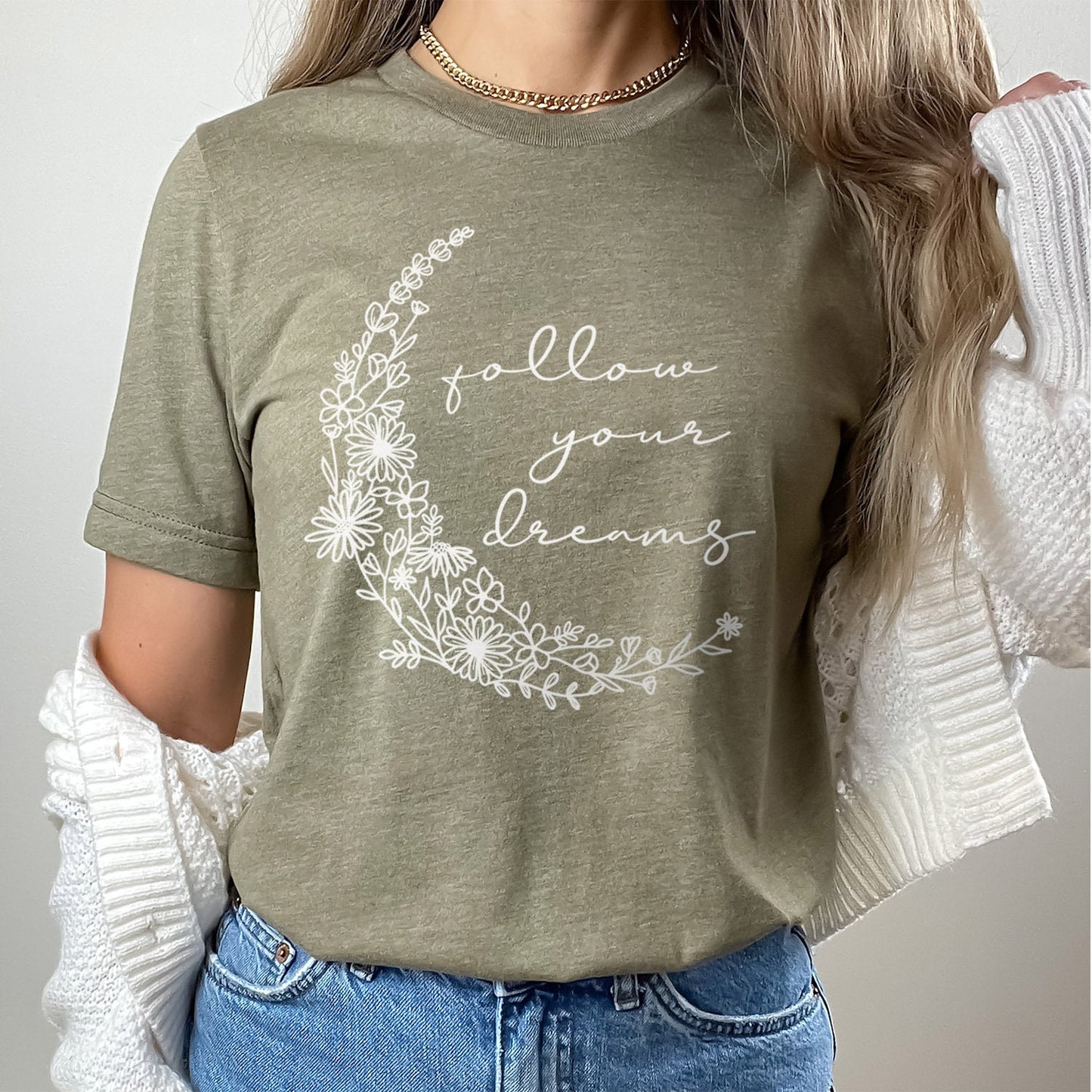 Follow Your Dreams Halbmond Blumen T-Shirt, Boho T-Shirt, Inspirierendes T-Shirt, Boho T-Shirt, Florales T-Shirt, Geschenk-Shirt für Sie