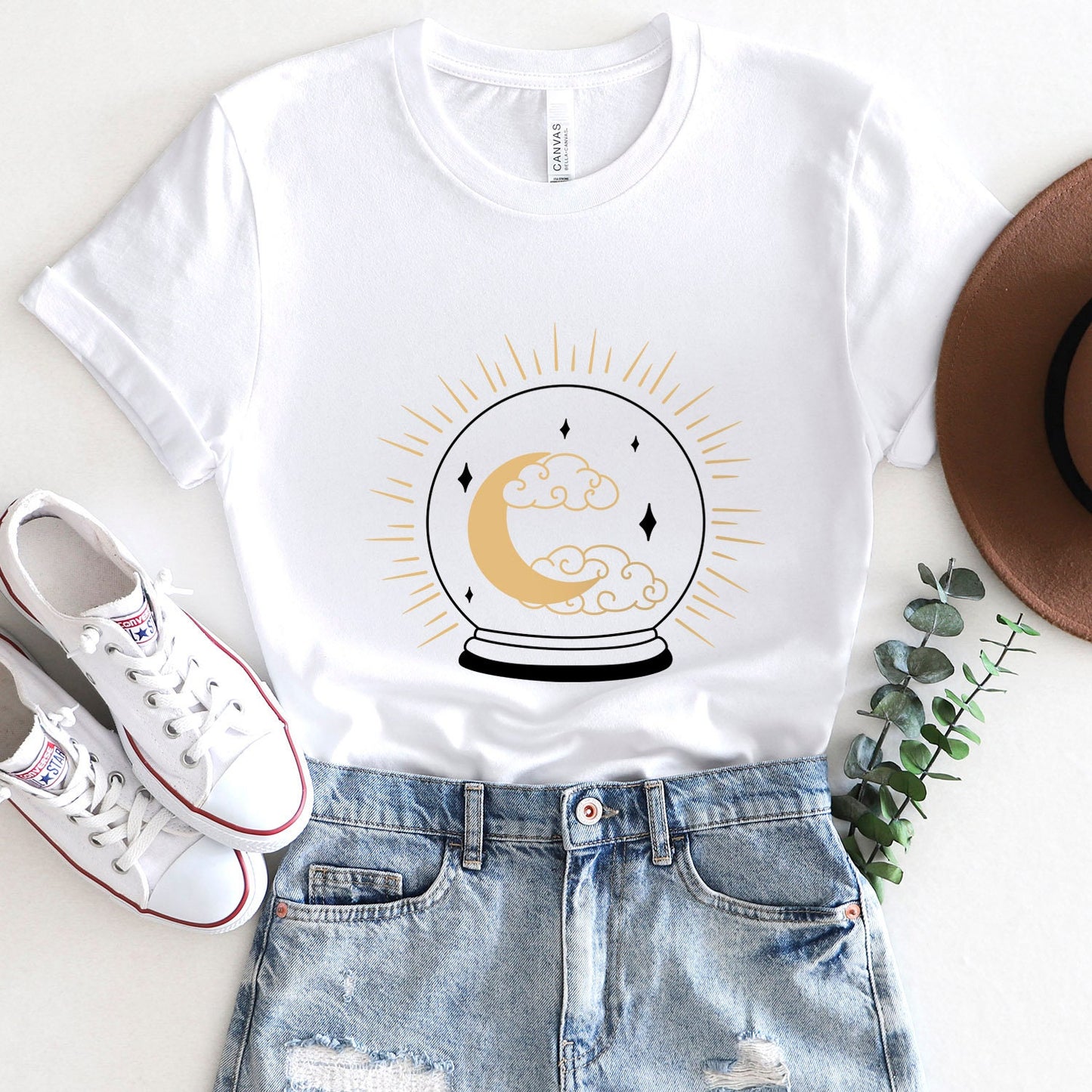 Himmlisches Kristallkugel-T-Shirt, Boho-T-Shirt, inspirierendes T-Shirt, Boho-T-Shirt, Mond und Sterne-T-Shirt, Geschenk-Reise-Shirt