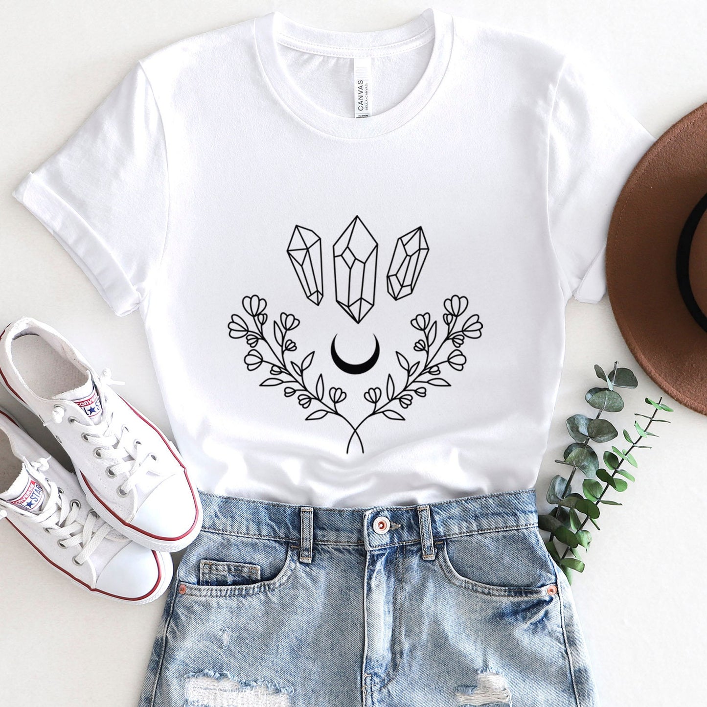 Crystal Floral T-shirt, Mystical Shirt, Boho T-shirt, Inspirational T-shirt, Bohemian T-shirt, Moon and Stars T-Shirt, Gift for Her