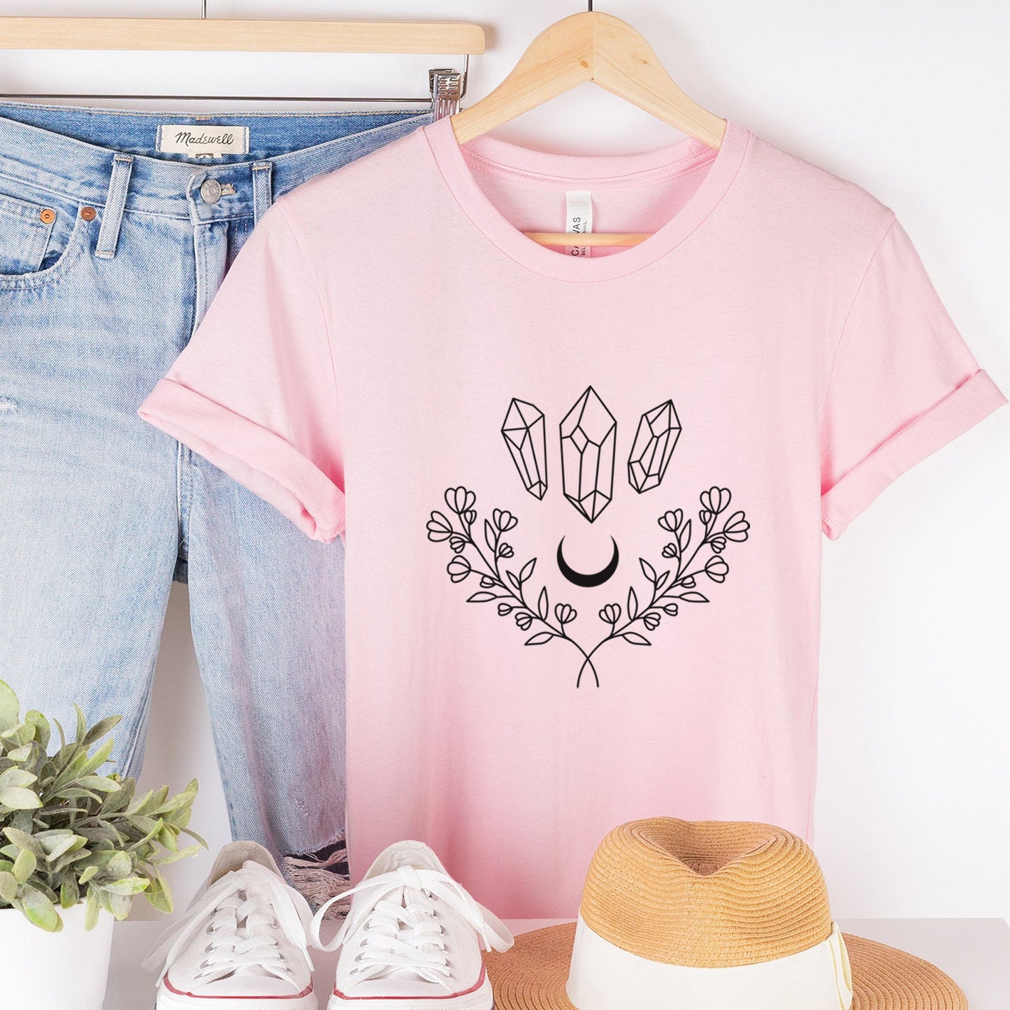 Crystal Floral T-shirt, Mystical Shirt, Boho T-shirt, Inspirational T-shirt, Bohemian T-shirt, Moon and Stars T-Shirt, Gift for Her