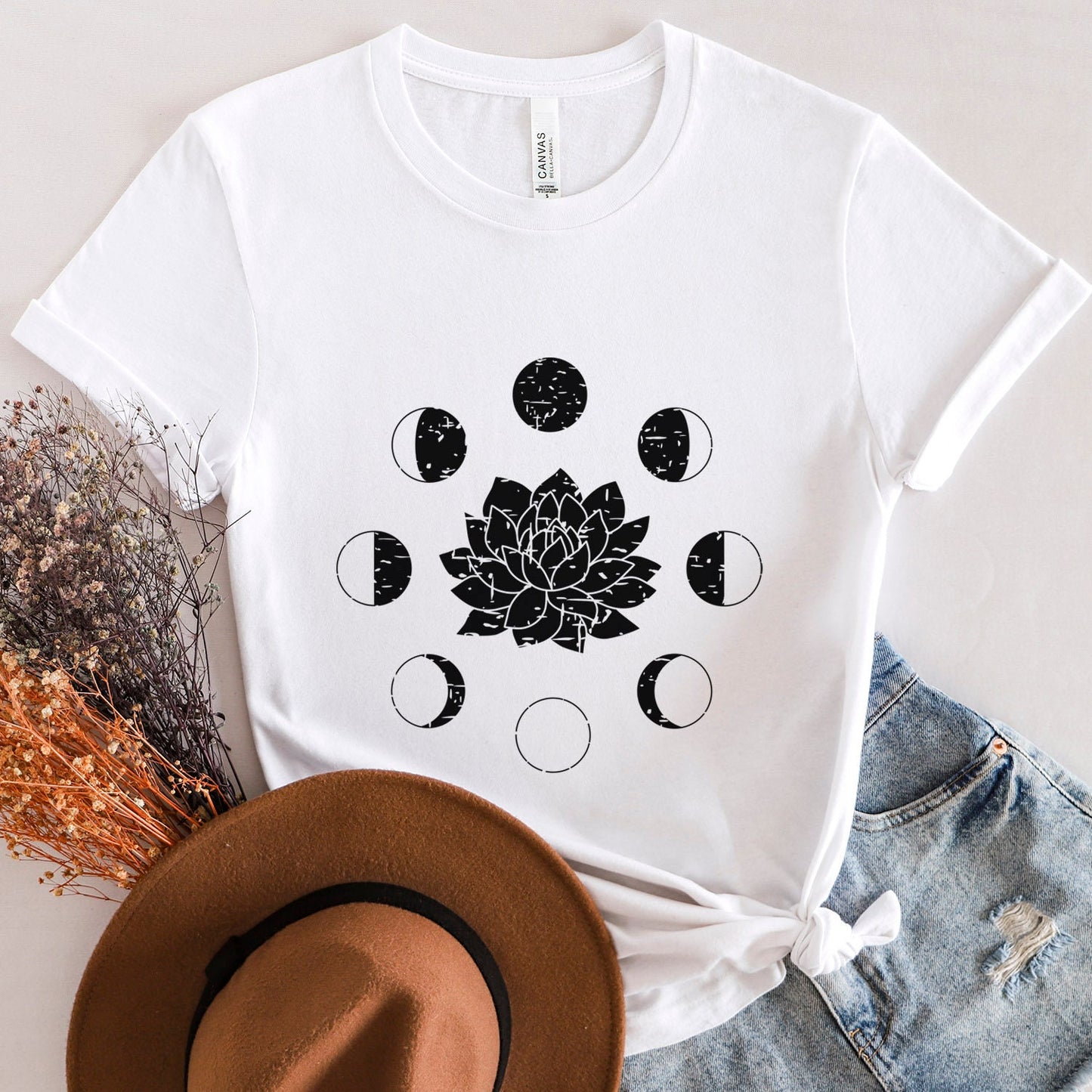 Lotus Mond Phase T-Shirt, Boho T-Shirt, Grunge Shirt, Inspirierendes T-Shirt, Boho T-Shirt, Mond und Sterne T-Shirt, Geschenk für Sie