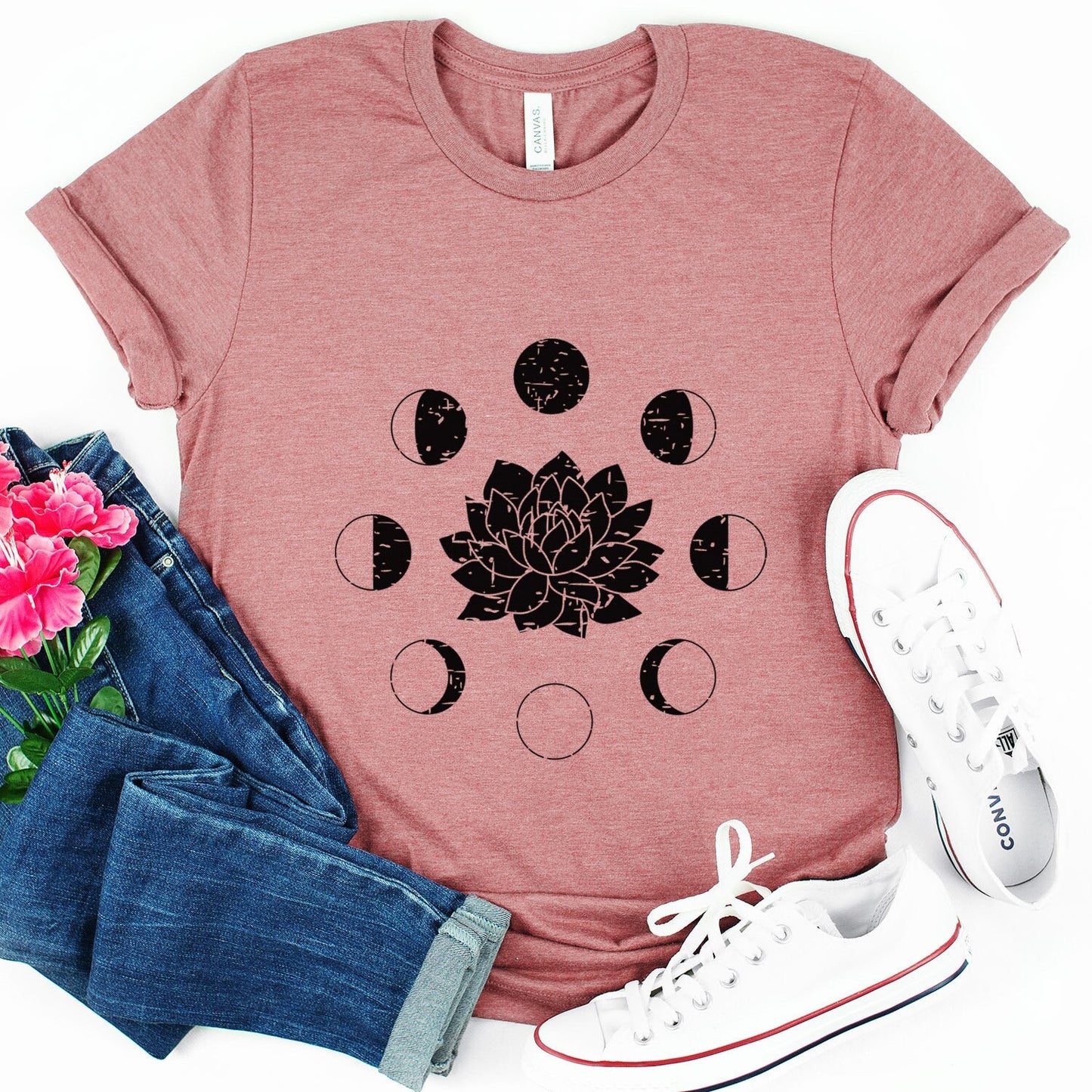 Lotus Mond Phase T-Shirt, Boho T-Shirt, Grunge Shirt, Inspirierendes T-Shirt, Boho T-Shirt, Mond und Sterne T-Shirt, Geschenk für Sie