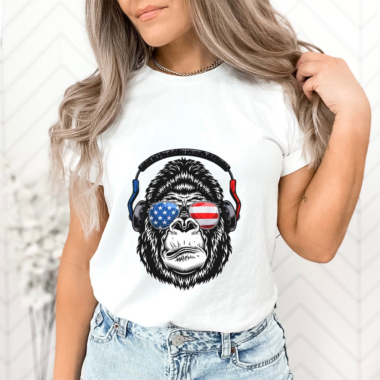 Gorilla Monkey Head T-shirt, Glasses Funny T-shirt, Independence Day Shirt, July 4th T-shirt, American Flag Shirt