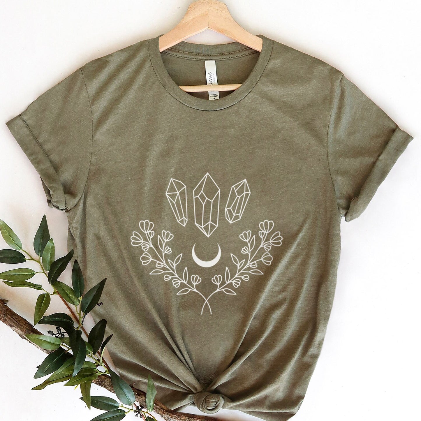 Crystal Floral T-shirt, Mystical Shirt, Boho T-shirt, Inspirational T-shirt, Bohemian T-shirt, Moon and Stars T-Shirt, Gift for Her