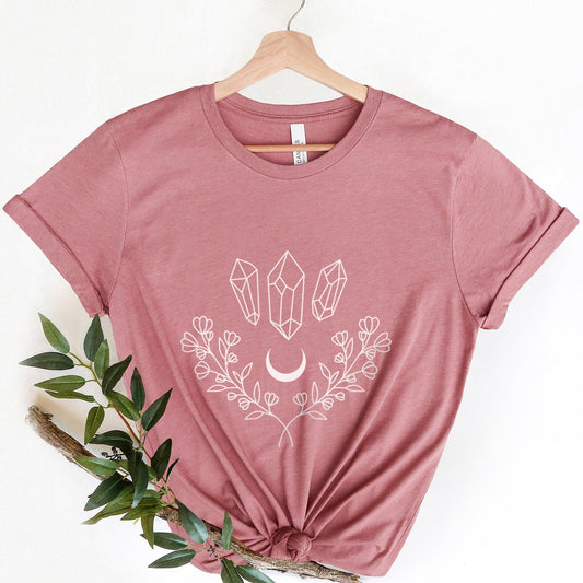 Crystal Floral T-Shirt, Mystisches Shirt, Boho T-Shirt, Inspirierendes T-Shirt, Boho T-Shirt, Mond und Sterne T-Shirt, Geschenk für Sie