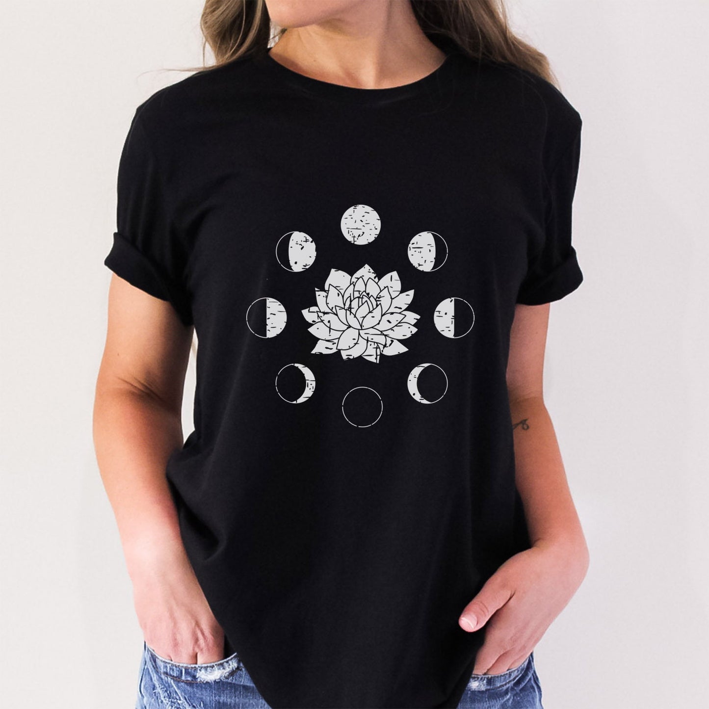 Lotus Mond Phase T-Shirt, Boho T-Shirt, Grunge Shirt, Inspirierendes T-Shirt, Boho T-Shirt, Mond und Sterne T-Shirt, Geschenk für Sie