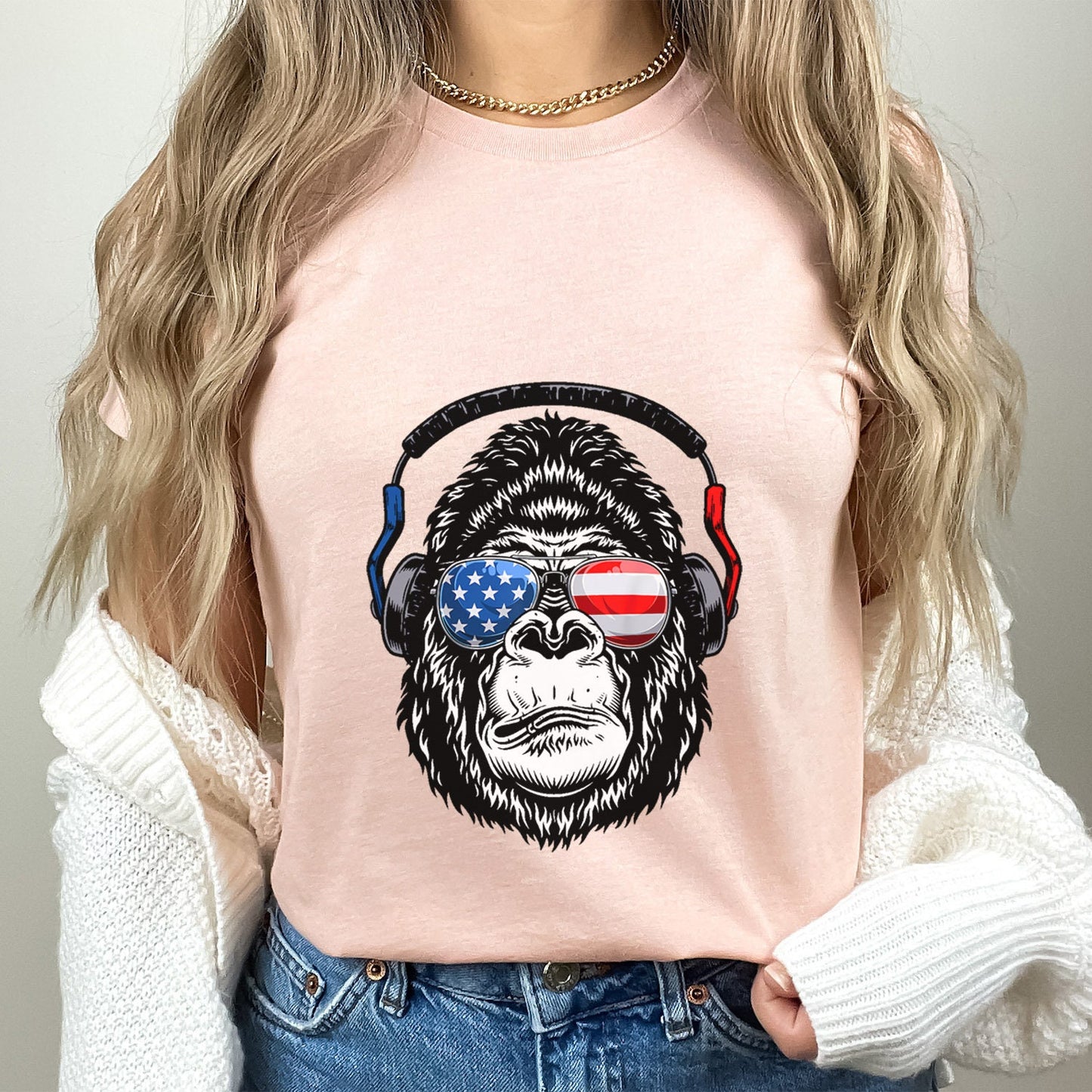 Gorilla Monkey Head T-shirt, Glasses Funny T-shirt, Independence Day Shirt, July 4th T-shirt, American Flag Shirt