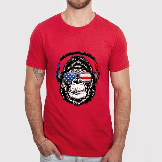 Gorilla-Affenkopf-T-Shirt, Lustiges T-Shirt mit Brille, Unabhängigkeitstag-Shirt, 4. Juli-T-Shirt, Amerikanische Flagge