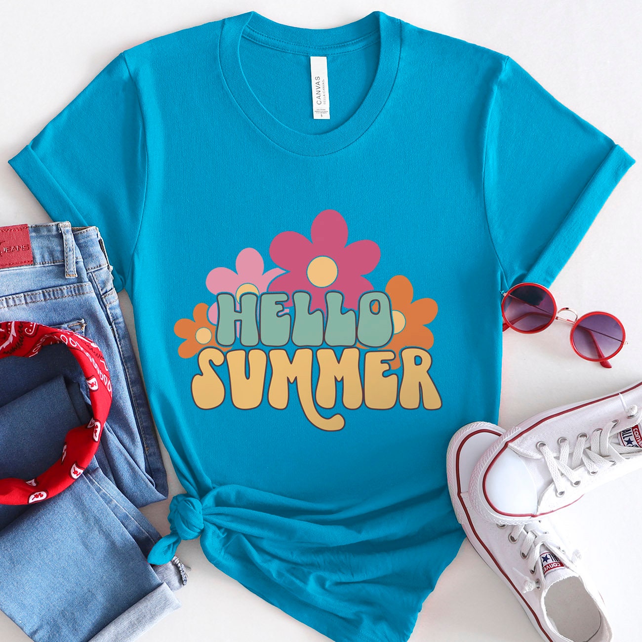 Hello Summer Shirt, Retro Flowers Shirt, Women Beach Shirt, Summer Shirts, Shirt with Flowers, Beach Shirts For Women, Vacation Shirt