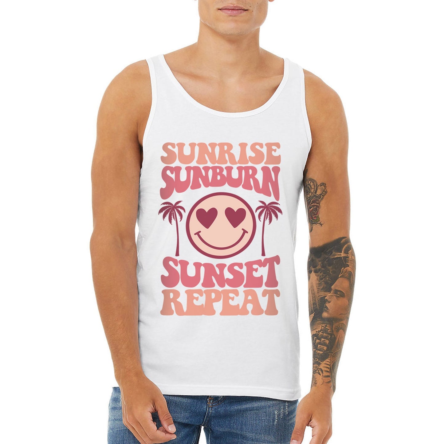 Summer Tank Top, Beach Tank for Women, Retro Shirt, Sunrise Sunburn Sunset Repeat Tank, Vacation Shirt, Tank for Women, Smiley Face Tee