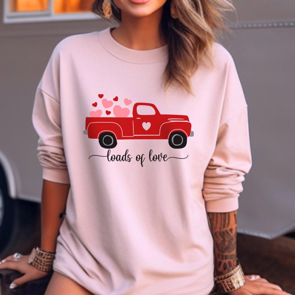 Love Truck Valentine Hearts Sweatshirt, Valentines Day Gift Long Sleeve Shirt, Valentines Day Shirts for Woman, Funny Valentines Day Shirt