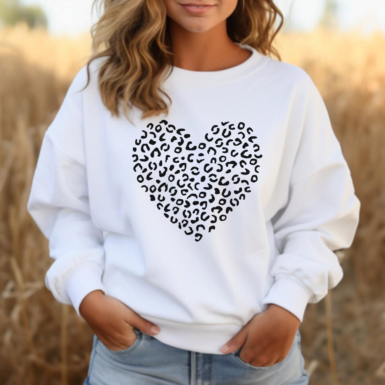 Leopard Pattern Heart Sweatshirt, Valentines Day Gift Shirt for Woman, Valentines Day Long Sleeves Shirt, Valentines Heart Leopard Pattern